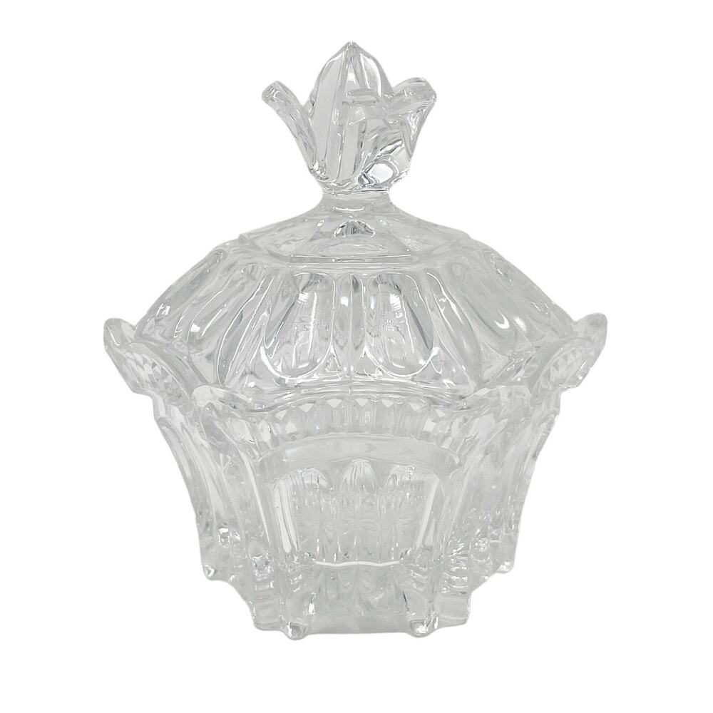 Vintage Glass Crystal Hexagon Footed Candy Nut Dish w Lid Crown Ornate MCM EUC